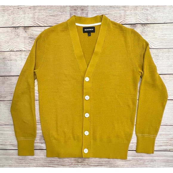 New Bonobos Mens Yellow Merino Wool Blend Cardigan Size Small - Picture 2 of 7